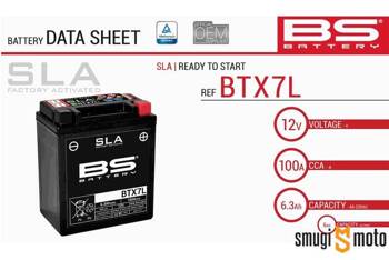 Akumulator BS YTX7L-BS 12V 6,3AH (113x70x130mm) bezobsługowy AGM, zalany 100A wzmocniony + kaucja 30zł